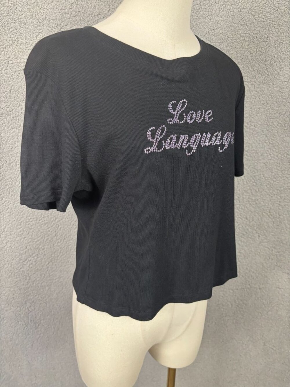 Grayson Threads Juniors' "Love Language" Black Cropped T-Shirt Size XL NWT's - Picture 3 of 8